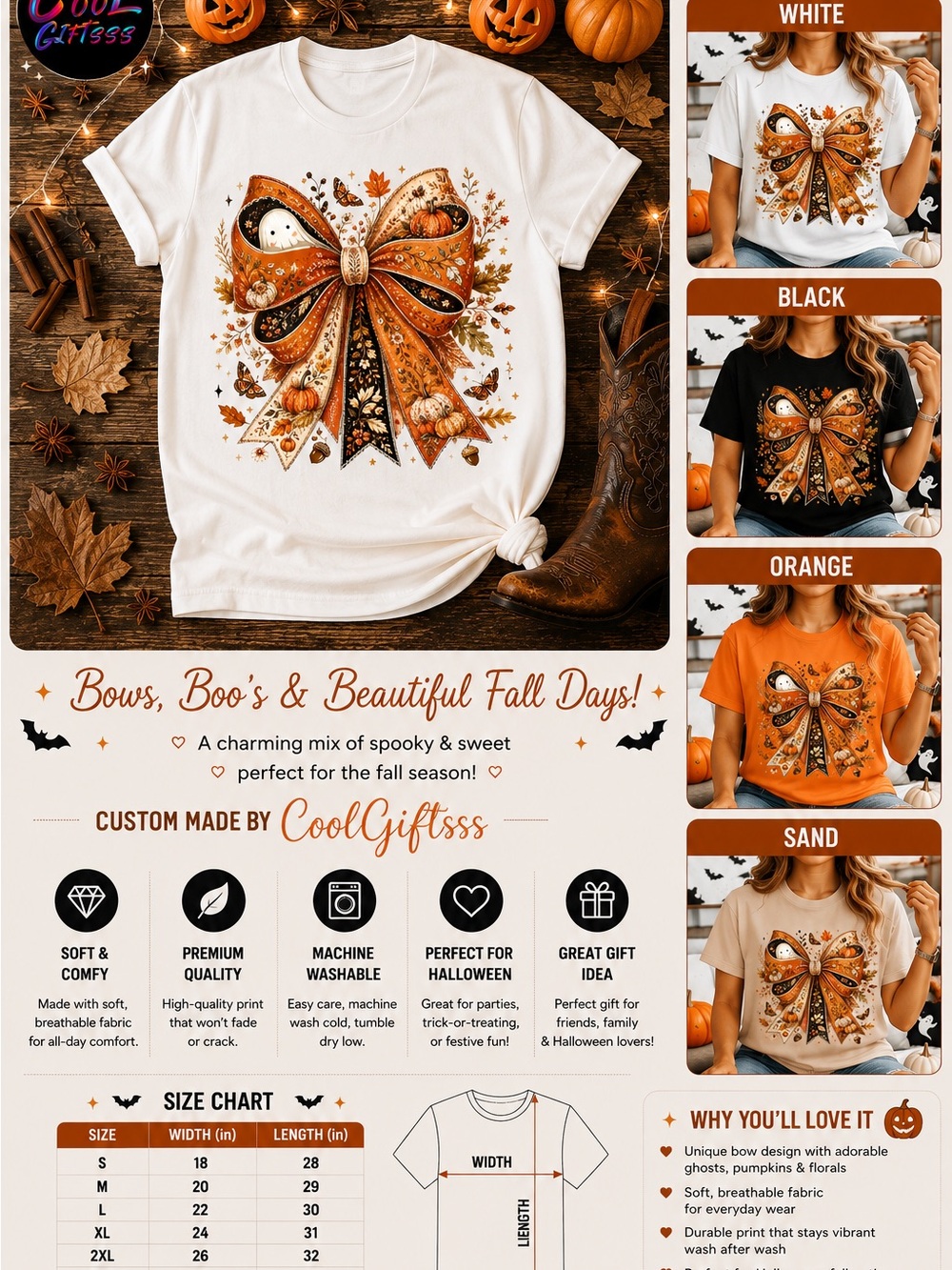 Women’s Fall Bow Graphic Short Sleeve Tee - New S M L XL 3d look soft orange